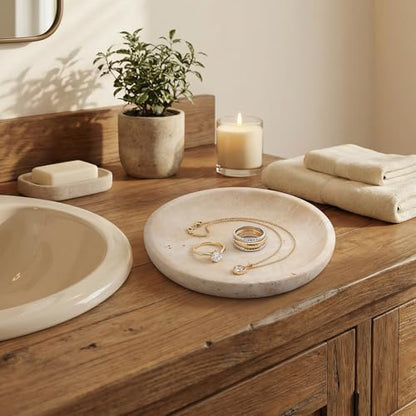 Natural Travertine Marble Jewelry Dish 5.5", Trinket Dish for Ring Earring Key, Ring Tray Gift for Woman Daughter (Beige Travertine)