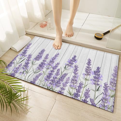 Lavender Purple Floral Indoor Door Mat Rustic Wood Non-Slip Welcome Mat Rug Washable Doormat for Outdoor Entryway Kitchen Bathroom 17x30 Inch - color: Purple Lavender Floral