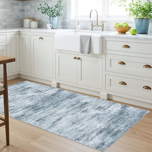 2x5 Non-Slip Washable Runner Rug – Modern Neutral Abstract Small Rug for Hallway, Kitchen, Bathroom, Bedroom, Entryway, Laundry Room – Thin Soft Low-Pile Rubber Backing (Blue Grey) - color: Misty Blue/Gray, size: 2' x 5' (Rectangular)