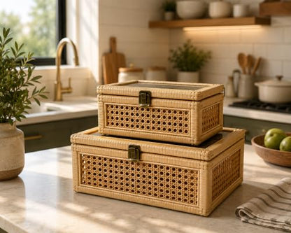 Large Set of 2 BOHO Decorative Rattan Box with a lockable Glass Top Scent Free