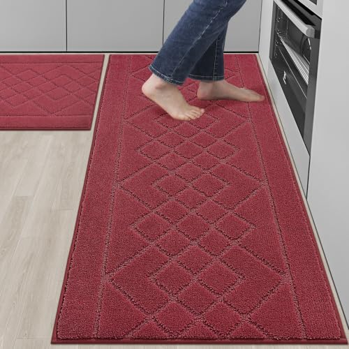 BEQHAUSE Kitchen Rugs Set of 2 Non Slip Runner, 24"x36"+24"x60", Red - color: Burgundy Red, size: 24" X 36" + 24" X 60"