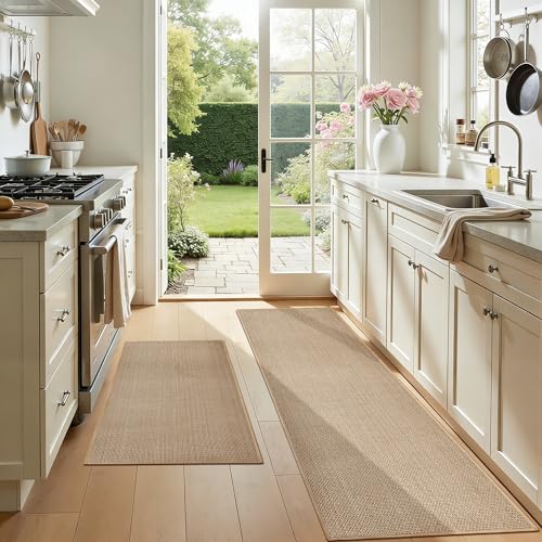 Beige Kitchen Rugs Non Slip Washable Set of 2 PCS, Cushioned Rugs for Kitchen Floor, Absorbent Runner Rug Comfort Mats with Rubber Backing for Kitchen, Hallway, Bathroom, Bedroom, 17.3"x30"+17.3"x47" - color: Beige, size: 17.3"x30"-17.3"x47"