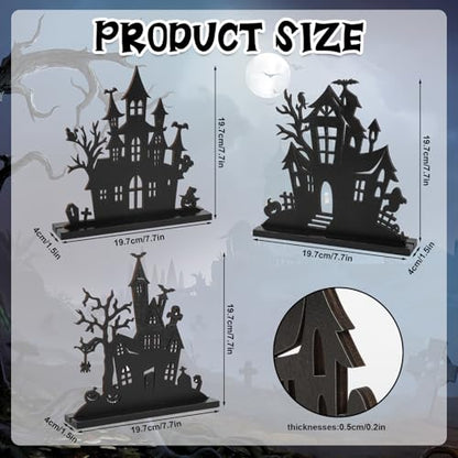 3Pcs Halloween Wooden Table Centerpiece Decorations,Wooden Double-sided Printing Silhouette Sketch Ghost House Decoration Ornaments,Halloween Table Tiered Tray Decor for Indoor Home Kitchen Party