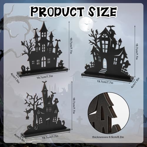 3Pcs Halloween Wooden Table Centerpiece Decorations,Wooden Double-sided Printing Silhouette Sketch Ghost House Decoration Ornaments,Halloween Table Tiered Tray Decor for Indoor Home Kitchen Party