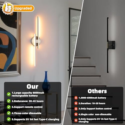 Battery Operated Wall Sconce Set of 2, Brushed Nickel 23.6" 3000K-6500K Dimmable Wall Sconces with Remote Control, Wireless Wall Light Rechargeable for Bedroom Hallway Living Room Background - color: Brushed Nickel, size: 23.6" 2-Pack