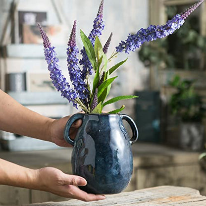 Tanvecle Blue Ceramic Vase with Handles, 7" Modern Farmhouse Decor - color: Blue