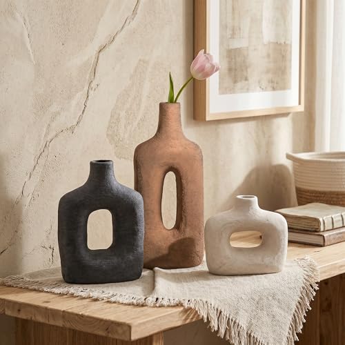 DREAMLOOM Ceramic Vase Set of 3, Black, Rust - color: Rust Red Combo - Hollow Design