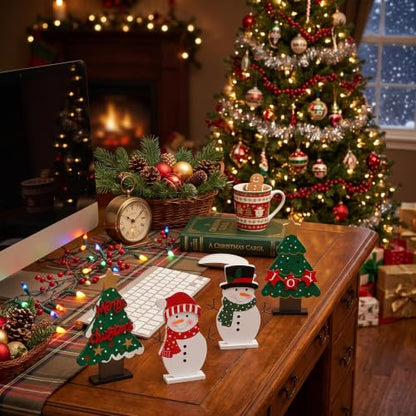 DECSPAS Christmas Decorations Indoor, 4 PCS Wood Christmas Trees & Snowmen for Centerpiece Table Decorations, Wooden Tiered Tray for Xmas Decor, Home, Winter, Tabletop, Mantel, Shelf, Gifts - style: Christmas - Christmas Trees, Snowmen