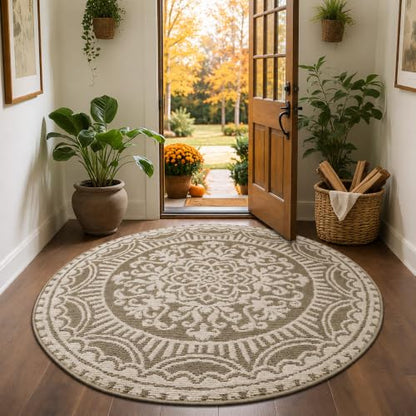 U'Artlines 4ft Round Area Rug Non Slip Low Pile Floor Carpet Beige - color: Beige, size: 4' (Round)