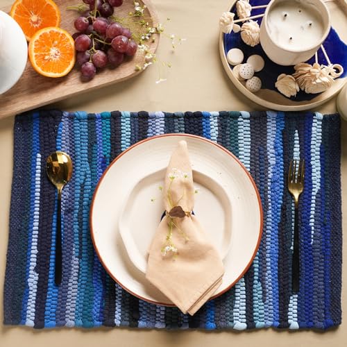 RAJRANG Navy Blue Chindi Cotton Placemats Set of 6 – Reversible Woven Table Mats 13x19 Inch for Dining Room, Kitchen, or Coffee Table Use - color: Navy