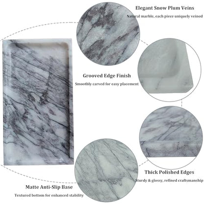 White Marble Vanity Tray – 10.63"x5.91" Rectangular Natural Stone Organizer for Bathroom Perfume Makeup Jewelry Dresser Entryway - color: Rectangular Plum Blossom White
