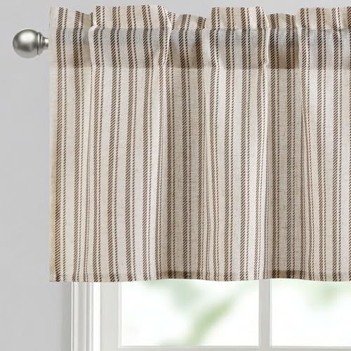 JIUZHEN 42x18 Inch Kitchen Valance - Thick Textured Linen Striped Window Valance Curtain with 3" Rod Pocket, Vertical Striped Brown (1 Panel) - color: Vertical Striped Brown, size: 42"W x 18"L (Pack of 1)