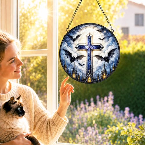 Gothic Cross Bat Moon Stained Glass Window Hanging Decor 575XT-BLGH - color: Crucifix-12