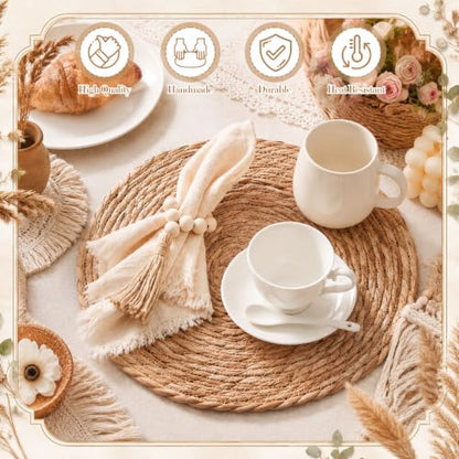 Fanfanwin Set of 6 Boho Woven Placemats with Khaki Napkins, 13 in - color: Khaki