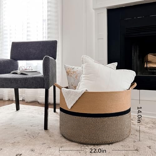 CHICVITA XXL Cotton Rope Woven Blanket Basket with Handles, Brown & Black - color: Brown and Black