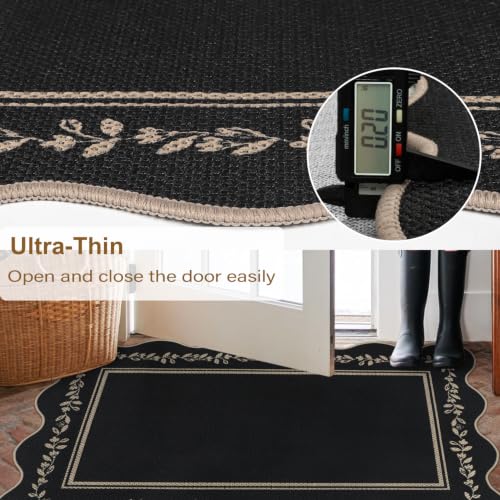 Rugalia Scalloped Easy Jute Kitchen Runner Rug 2x6 Black Hallway Rugs - color: Black Floral, size: 2' x 6' (Runner)