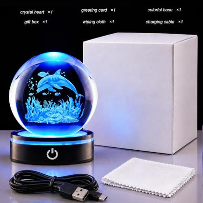 Dolphin Reef Crystal Ball Night Light, 3.15 Inch with LED Base - color: Ocean Dolphin