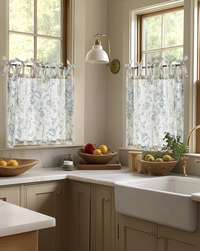jinchan Blue Floral Kitchen Tier Curtains Alice 24 Inches Tie Top 2 Panles - color: Alice Blue on Linen, size: 26"W x 24"L (Pack of 2)