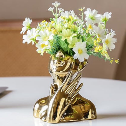 BrownLove Golden Ceramic Face Vase, Modern Golden Decorative Art Vase, Bookshelf Placed On The Desktop, Small Living Room, Office and Bedroom - style: Golden-Charming