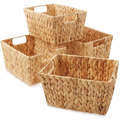 Casafield Set of 4 Water Hyacinth Storage Baskets with Handles - Natural, Woven Storage Bins for Shelves, Blankets, Laundry Organization