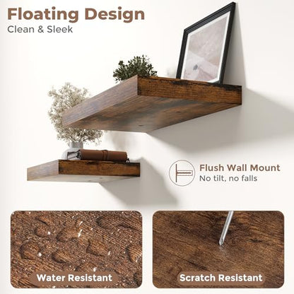 12 Inch Floating Shelves for Wall 2 Pack, 12"D Wood Grain Bathroom Shelves - color: Rustic Brown Finish, size: 12"W x 12"D x 1.5"H, 2 Pack
