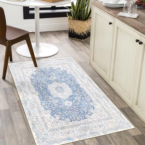 Small Rugs 2x3,Blue Rug for Entryway Bathroom Bedroom Kitchen Entrance Doormat,Boho Vintage Bohemian Distressed Washable Accent Floor Throw Carpet Non Slip,Floral - color: Blue, size: 2'x3'