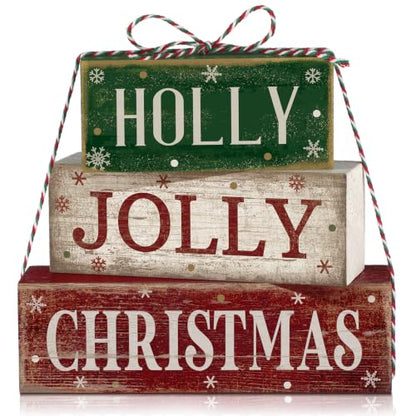 Moucuny 4 Pcs Christmas Table Decoration for Home Rustic Jolly Stacked Sign - style: Candy Christmas