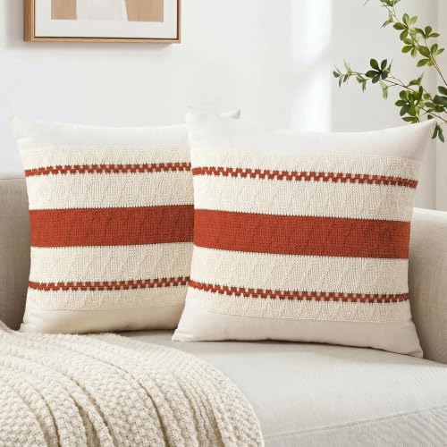 Fancy Homi Set of 2 Boho Burnt Orange Decorative Throw Pillow Cover 16x16 Inch for Couch Bed Sofa, Aesthetic Modern Organic Farmhouse Home Decor, Soft Cotton Cute Accent Macrame Woven Cushion Case - color: Burnt Orange, size: 16" x 16" (Pack of 2)