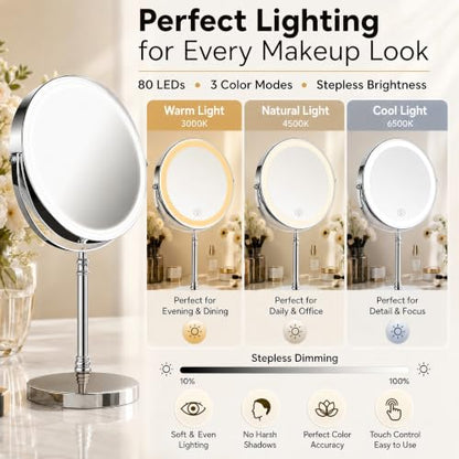 DEIOVWXS Makeup Mirror, Rechargeable Vanity Mirror with 3 Lights, 1X/10X - color: Chrome