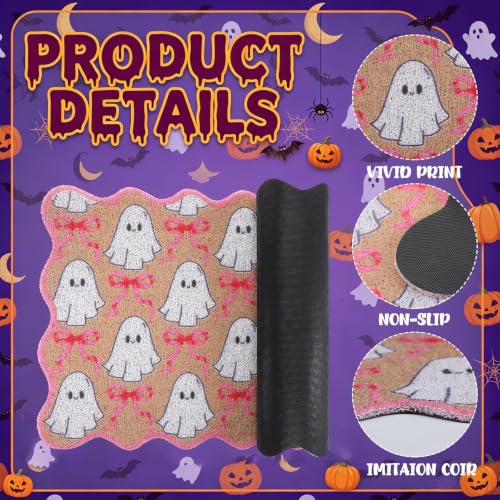 Dunzy Pink Halloween Doormat Outdoor Bow Ghost Scalloped Faux Coir Mat - style: Ghost and Bow