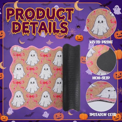 Dunzy Pink Halloween Doormat Outdoor Bow Ghost Scalloped Faux Coir Mat - style: Ghost and Bow
