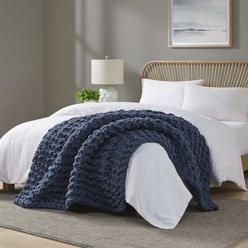 Madison Park Chenille Chunky Knit Throw Blanket, 50 x 60, Navy Blue - color: Navy Blue