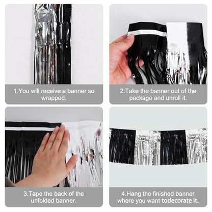 BEISHIDA Black Silver Fringe Garland Banner 30ft Wall Tinsel Foil Streamers - color: Black Silver