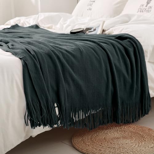 Homiest Charcoal Grey Knitted Throw Blanket with Fringe, 50x60 Inch - color: Charcoal Grey, size: 50" x 60"