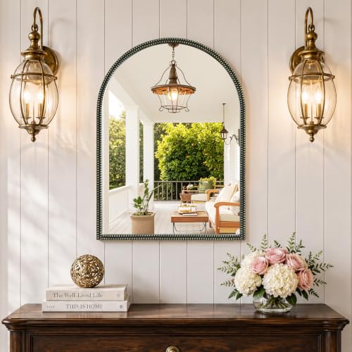 HOMECOOKIN Black Vintage Arched Mirror, 30x22 Inch Vanity Wall Mirror with Antique Metal Beaded Ornate Frame, Baroque Decorative Mirror for Bathroom, Living Room, Fireplace, Entryway - color: Black-a, size: 30"L x 22"W