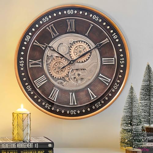 CLXEAST 24 Inch Large Moving Gear Wall Clock for Living Room Decor,Bronze - color: Oil Rubbed Bronze Gold, size: 24 Inch