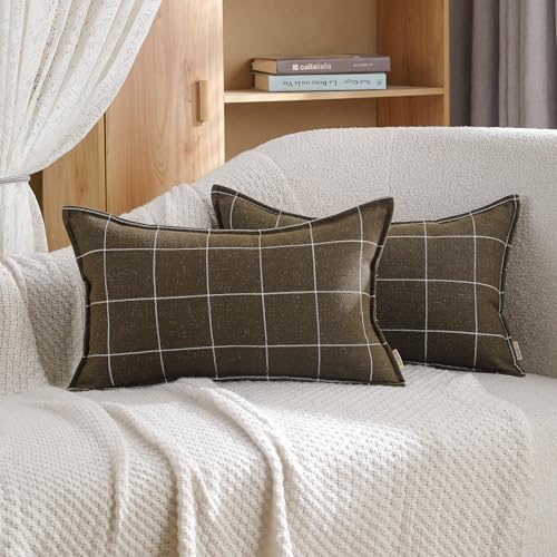 Pure Linen Plaid Throw Pillow Covers 12x20, Set of 2, Khaki - color: Khaki, size: 12x20inch