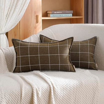 Pure Linen Plaid Throw Pillow Covers 12x20, Set of 2, Khaki - color: Khaki, size: 12x20inch