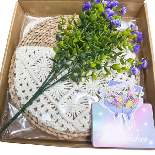 Macrame Wall Basket with Purple Eucalyptus Camellia, Macrame Plant Hanger, Hanging Planter Basket Holder, Boho Wall Decor, Garden Balcony Flower Holder, Home Decor Gift, 10" 31", Cotton Cord