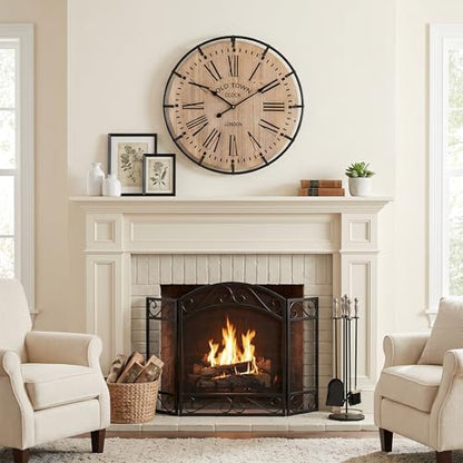 EMAX HOME 20 Inch Large Farmhouse Wall Clock, Light Wood Grain Face with Black Metal Frame, Silent Non-Ticking Quartz Movement, Easy-to-Read Roman Numerals, for Living Room, Bedroom, Kitchen. - color: Brown, size: 20 Inch Black numerals