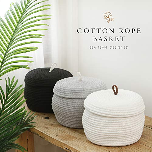 Sea Team Round Woven Cotton Rope Storage Basket with Lid, Black, 2-Pack - color: Black, size: Small/2-Pack