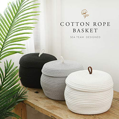 Sea Team Round Woven Cotton Rope Storage Basket with Lid, Black, 2-Pack - color: Black, size: Small/2-Pack