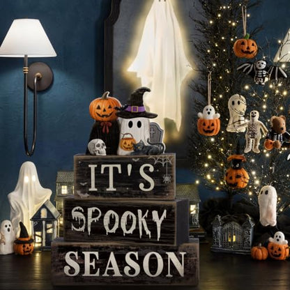 Moucuny 4 Pcs Halloween Table Decor Pumpkin Ghost Wood Stacked Block Decor - style: Spooky