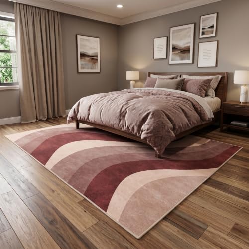 6X9 Modern Burgundy Dusty Rose Wavy Striped Washable Area Rug - color: Burgundy, size: 6' x 9' (Rectangular)