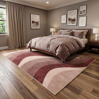 6X9 Modern Burgundy Dusty Rose Wavy Striped Washable Area Rug - color: Burgundy, size: 6' x 9' (Rectangular)