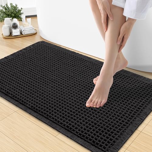 Smiry Waffle Bath Mat 30X18, Extra Soft Absorbent Bathroom Rugs, Black - color: Black, size: 30'' X 18''