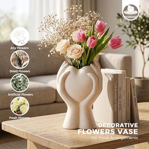 8 Inch Heart Hand White Ceramic Vase - Unique Modern Aesthetic Flowers Vase for Living Room Bedroom Office Kitchen Table Centerpiece or Shelf Decor (Cream White) - color: Cream White
