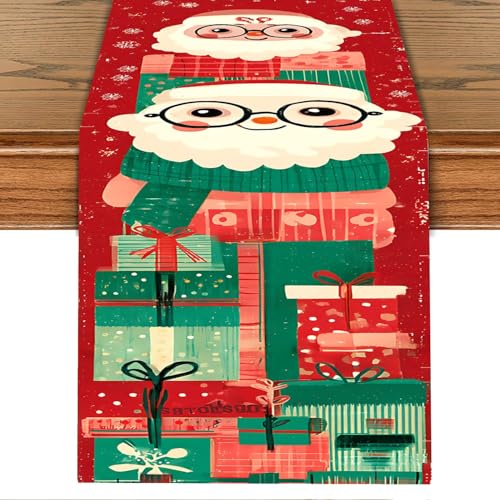 Christmas Table Runner – Red Holiday Table Decoration with Cute Santa Claus & Gifts Design, Festive Dining Table Decor for Christmas Party, Family Dinner, Kitchen & Living Room - color: 103