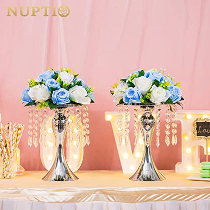 NUPTIO Tall Vase Table Centerpiece, 10.2", Silver, 2 Pcs | Crystal Metal Flower Holder Stand, for Wedding Reception, Tables, Road Lead, Party - color: Silver, size: 2 x S