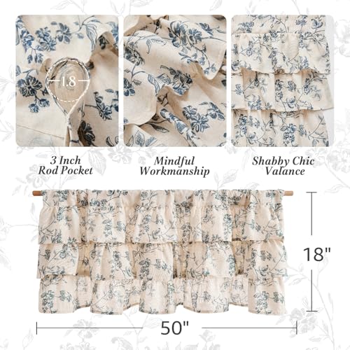 jinchan Alisa Ruffled Floral Valance Curtain 18 Inch 1 Panel Blue on Linen - color: Alisa Blue on Linen